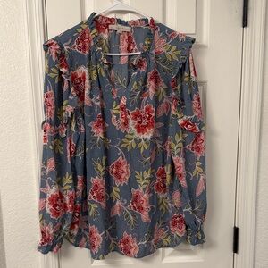 LOFT Floral Ruffle Blouse - Blue and Red